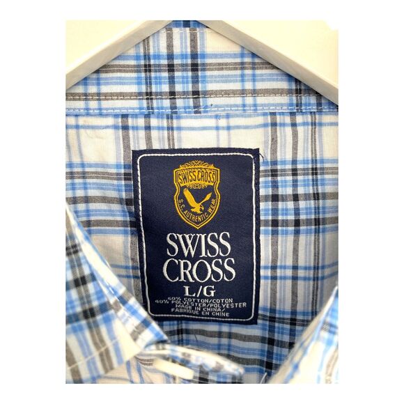 SWISS CROSS Men L Blue Plaid Cotton Blend Button Up‎ Long Sleeve Shirt NWT - Picture 3 of 7